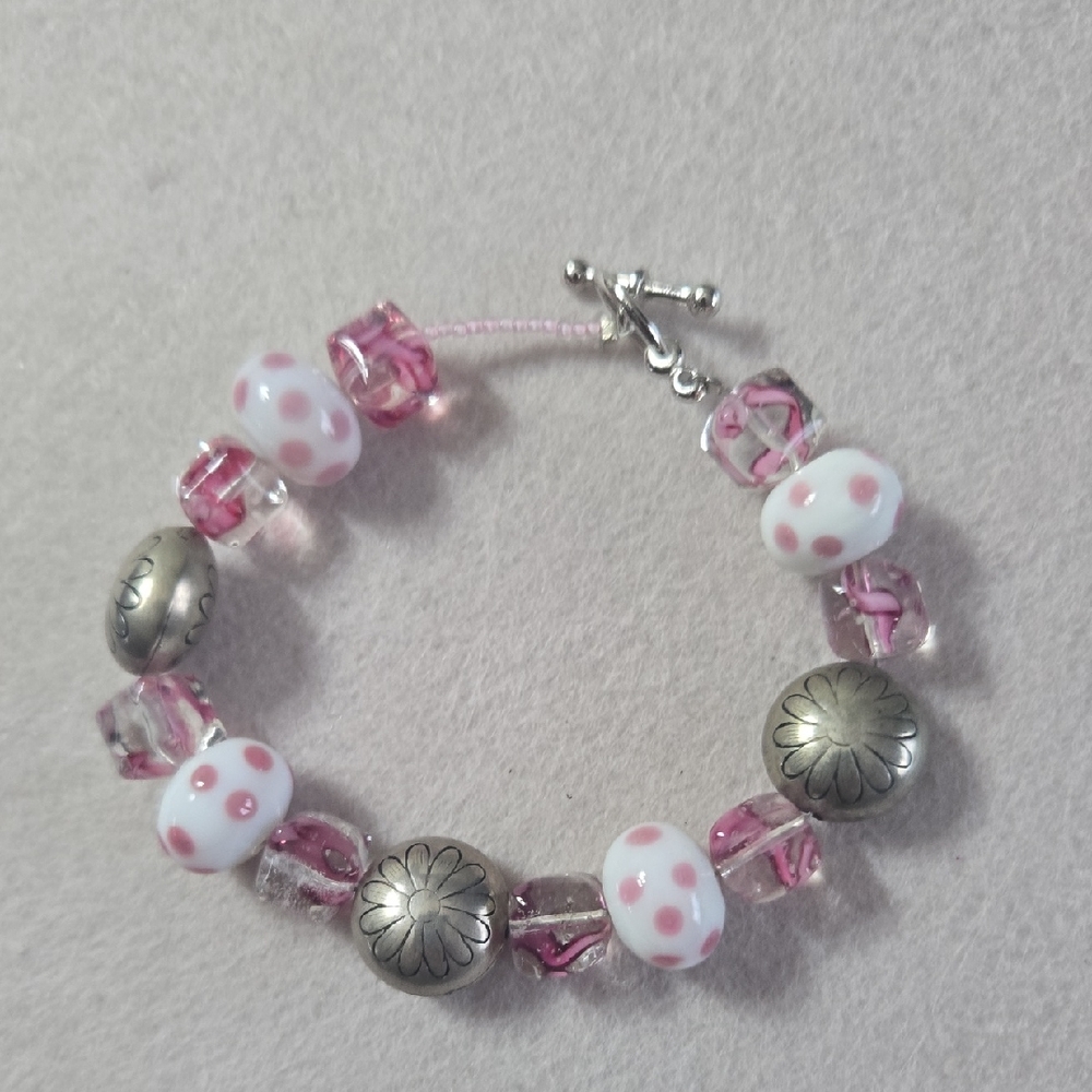 Pink Glass And Silvertone Metal Beads Handmade 7"